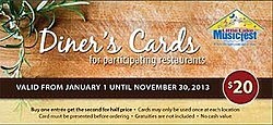 The MusicFest Diner's Card offers a "buy one entrée get the second one for half price" promotion at 30 local restaurants (graphic: Jenn Fice, Commercial Press) The MusicFest Diner's Card offers a "buy one entrée get the second one for half price" promotion at 30 local restaurants (graphic: Jenn Fice, Commercial Press)