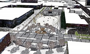 Aerial view of the proposed Urban Park design, looking south in the winter (graphic: City of Peterborough) Aerial view of the proposed Urban Park design, looking south in the winter (graphic: City of Peterborough)