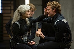 Lynn Cohens as the elderly Mags is paired up with San Clafin as the arrogant adonis Finnick Odair