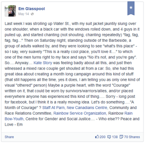 Em Glasspool's public Facebook post from May 14 describing several encounters involving hate speech and harrassment