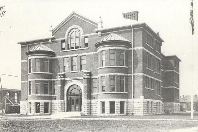 From Peterboriana: 1914 photo of Peterborough Collegiate Vocational School, on the site where the Grammar and Union School had been located in 1865. In August 1865, the Peterborough Examiner published a report of results of June examinations at the school, which ranged from 