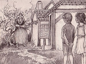Hansel and Gretel meeting the witch at the gingerbread house in this illustration from a 1911 children's book