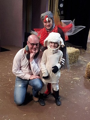 Director Charles Shamess with Abby Lowes as "The Turkey" and Jon Ploc as "The Sheep" (at four years old, Jon is the youngest member of the company)