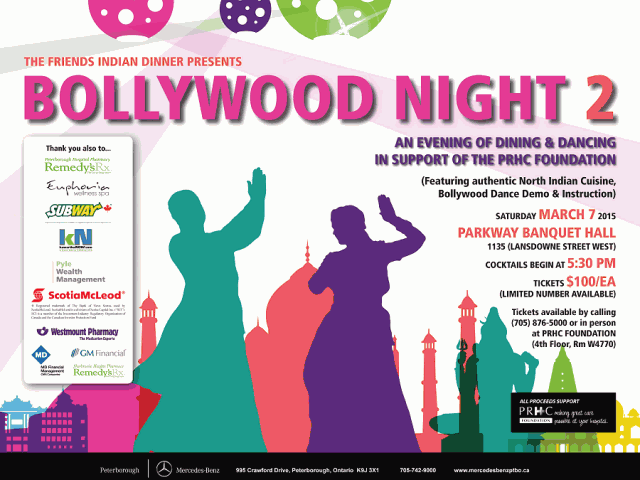 Enjoy authentic Indian cuisine and learn how to dance Bollywood-style on Saturday, March 7th at the Parkway Banquet Hall in Peterborough. Proceeds from the event will support cardiac care at your hospital through the PRHC Foundation.