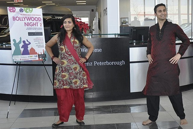 Poonam Chawla and Rodney Pinto demonstrate Bollywood dancing at the Bollywood Night #2 media conference at Mercedes-Benz Peterborough. At the March 7th fundraiser, Rodney (along with his twin brother Sidney and their wives Gloria and Surbhi) will first demonstrate Bollywood dancing and then teach the various moves, so guests can dance Bollywood style for the rest of the night. (Photo: Jeanne Pengelly / kawarthaNOW)
