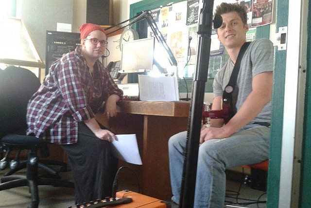 Jamie Campbell and Mike Lobovsky preparing for the live radio drama from Trent Radio's studio on Sunday, April 19th (photo: Jill Staveley)