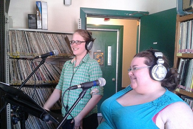 Shannon Culkeen and Jess Grover perform in a live radio drama from Trent Radio's studio on Sunday, April 19th (photo: Jill Staveley)