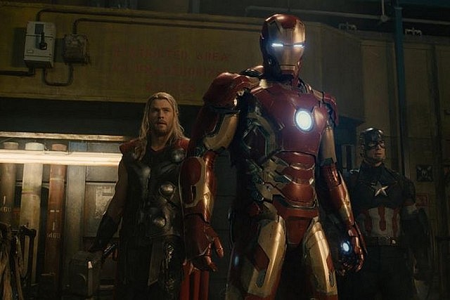 Thor (Chris Hemsworth), Iron Man (Robert Downey Jr.), and Captain America (Chris Evans)