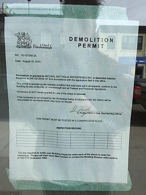 While a demolition permit is posted for the interior of the building, there is no mention of the exterior