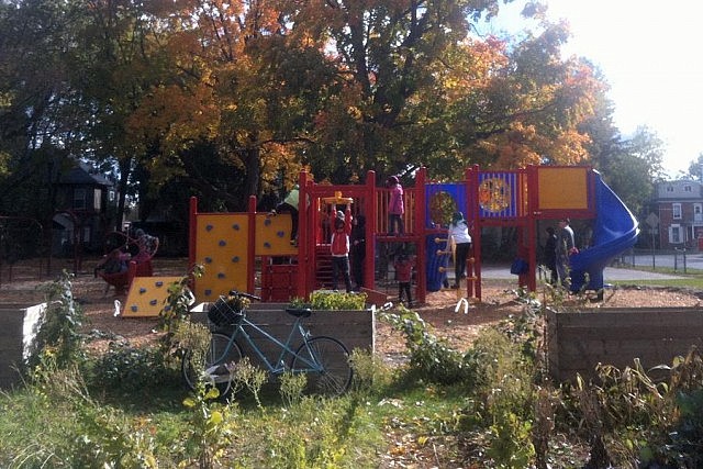 A new playground structure is one feature of a revitalized Stewart Street Park in Peterborough (photo: Peterborough GreenUP)