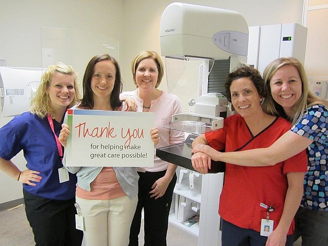 Thanking donors for their support, PRHC Foundation President & CEO Lesley Heighway (middle) with staff of PRHC's Breast Assessment Centre: Senior Ultrasound Technologist Katelyn Martino, Breast Health Navigator Lindsey Justynski, Senior Mammography Technologist Jill Cummings, and Clerk Angela Henderson (photo courtesy of PRHC Foundation)