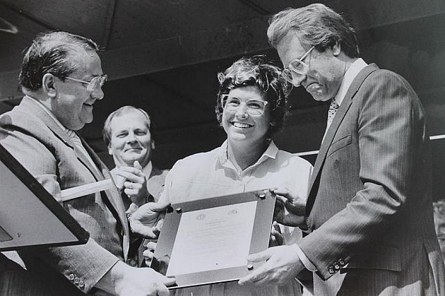 In September 1988, Toronto Mayor Art Eggleton presents Vicki Keith with a plaque announcing that day as Vicki Keith Day