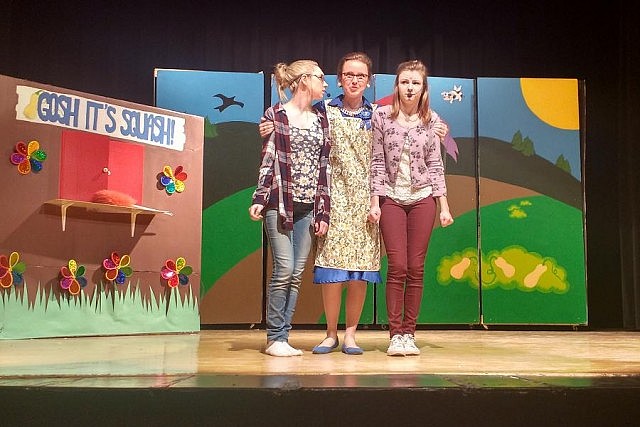 Aliva Buchan and Lindsay Rudkins as Courtney and Kelsey Malone with Eva Conrad as Butternut Grove host Miss Pennyfeather