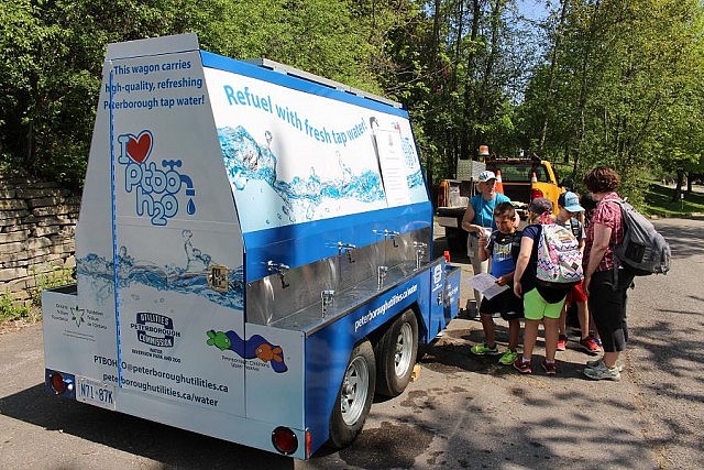 The PCWF and Peterborough Utilities Group unveiled the new Ptbo H20 mobile drinking station which is equipped with eight water fountains and eight water bottle refill stations (photo: Karen Halley, GreenUp)