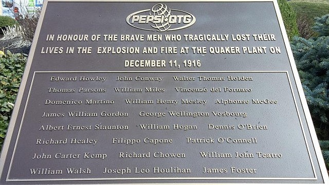 The plaque in East City honouring 23 men who died in the fire; the 24th man, William John Garvey, is not listed (photo: Jim Gill / Facebook)