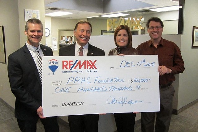 In 2015, RE/MAX Eastern Realty Inc. Brokerage president Vice-President Dominic Cole presented a $100,000 cheque to Lesley Heighway, President & CEO of Peterborough Regional Health Centre Foundation, and foundation board member (and RE/MAX broker) Andrew Galvin. The donation was used to update one operating room at the hospital with new minimally invasive surgical tools and technology. (Photo: PRHC Foundation)