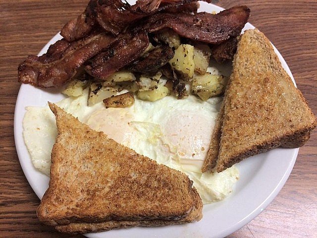 The East City Coffee Shop's breakfast special; big meat is optional here (photo: Eva Fisher / kawarthaNOW)